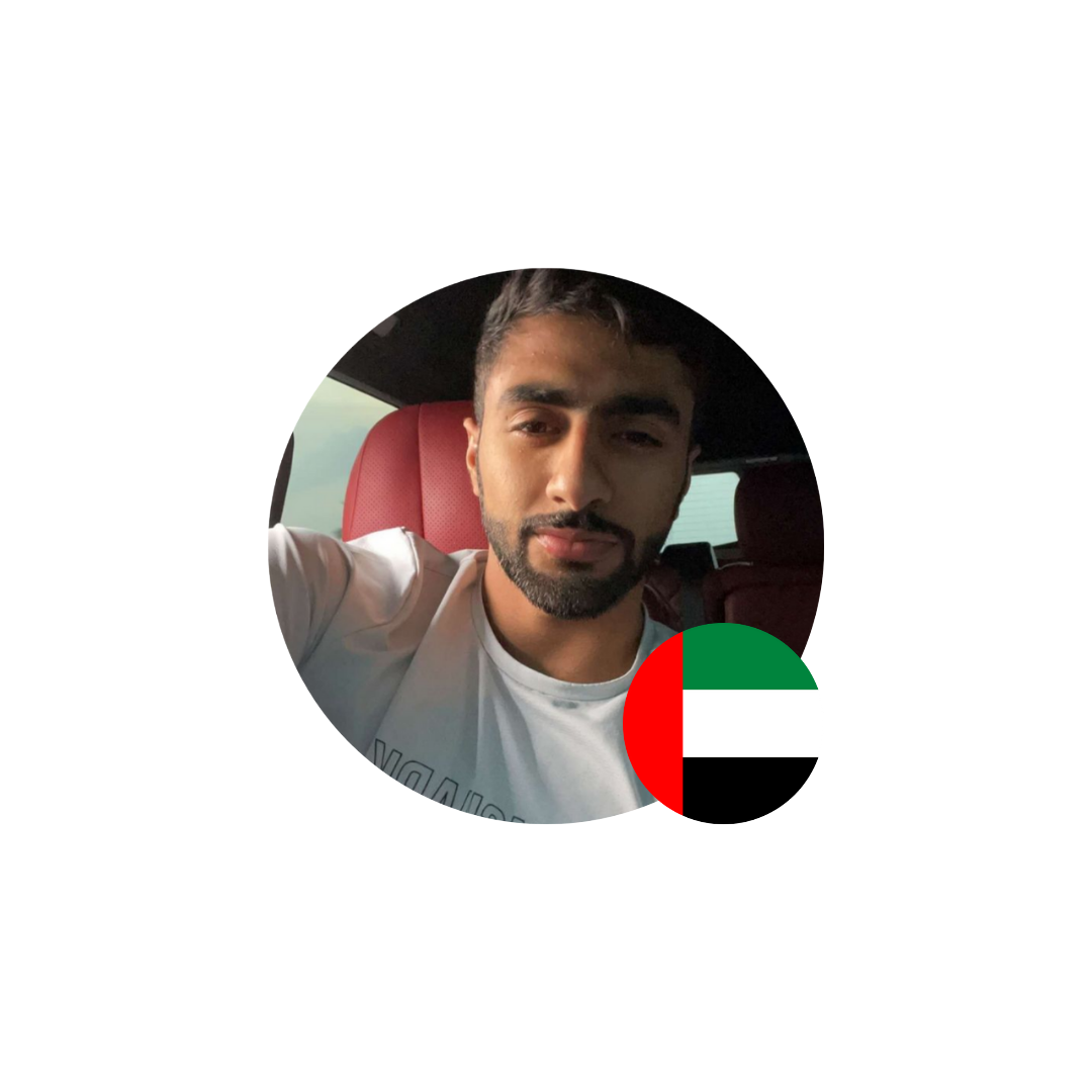 Portrait of a successful Nexamine customer from Dubai, UAE, with the UAE flag in the corner